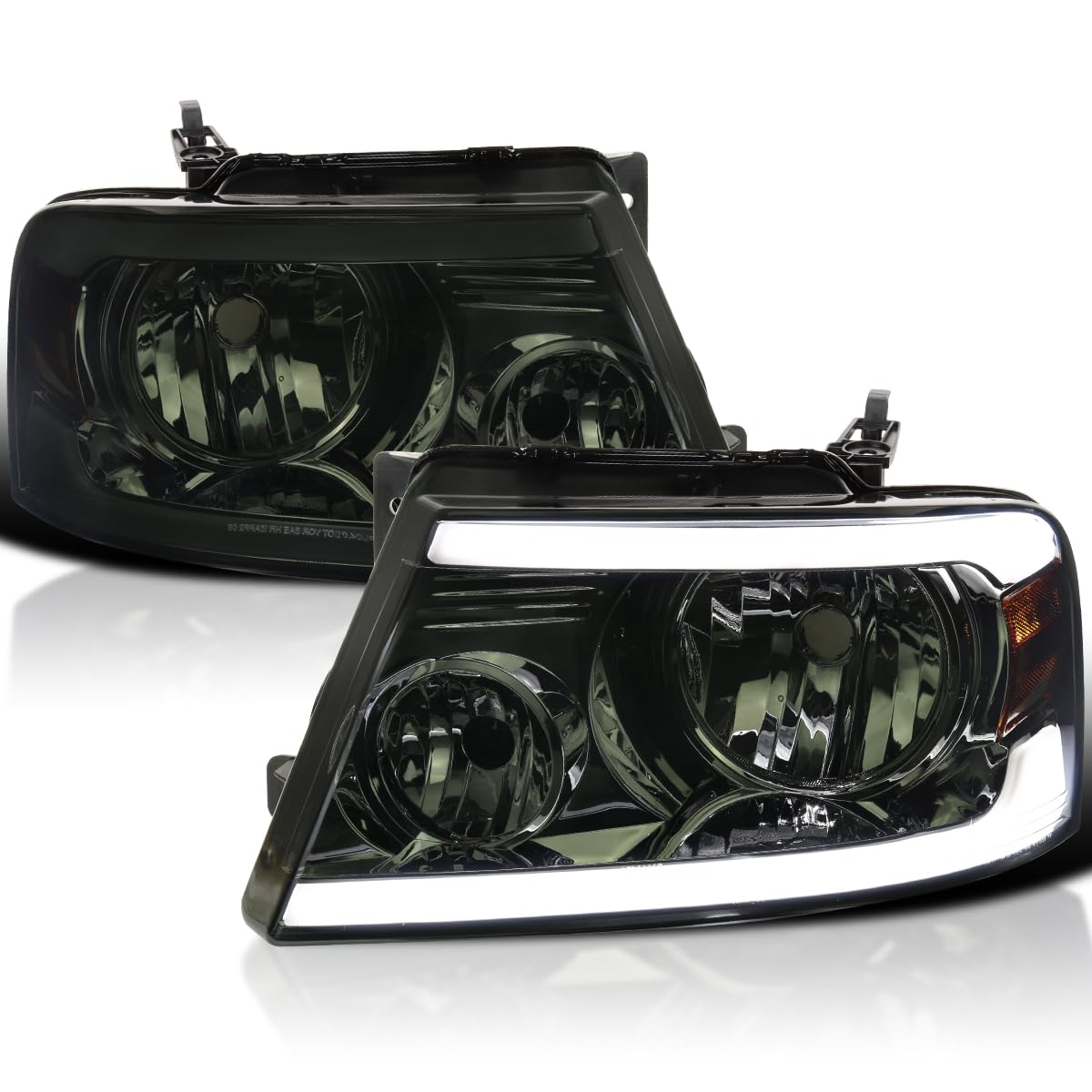 Smoke Headlights w/LED Bar Strip SPEC-D TUNING Compatible with 2004-2008 Ford F-150, 2006-2008 Lincoln Mark LT L+R Pair Head Light Lamp Assembly