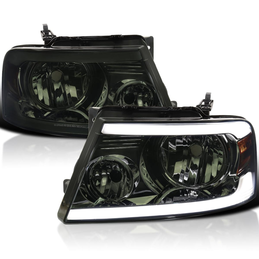 Smoke Headlights w/LED Bar Strip SPEC-D TUNING Compatible with 2004-2008 Ford F-150, 2006-2008 Lincoln Mark LT L+R Pair Head Light Lamp Assembly