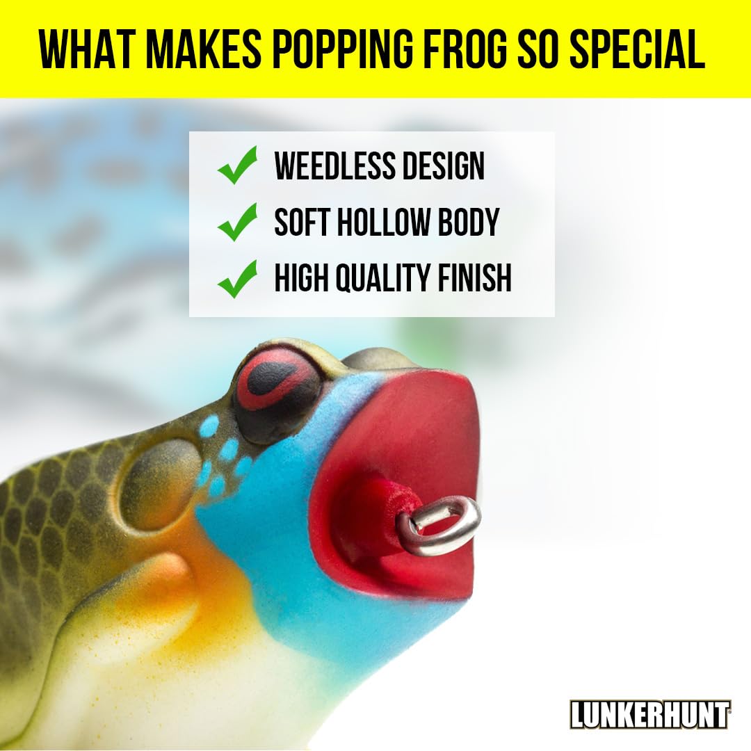 Frog Fishing Lure Lunkerhunt for Bass Fishing | Popping Frog 0.5 oz | Topwater Fishing Bait with Weedless Hooks, Hollow Body (Blue Gill)