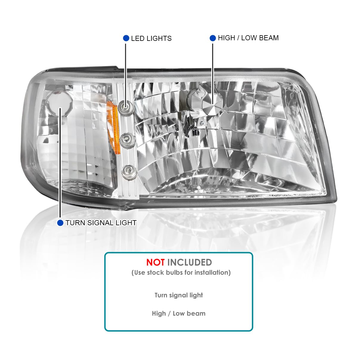 1PC LED Strip Headlights + Corner Lights SPEC-D TUNING Chrome Housing Clear Lens Compatible with 1993-1997 Ford Ranger L+R Pair Head Light Lamp Assembly