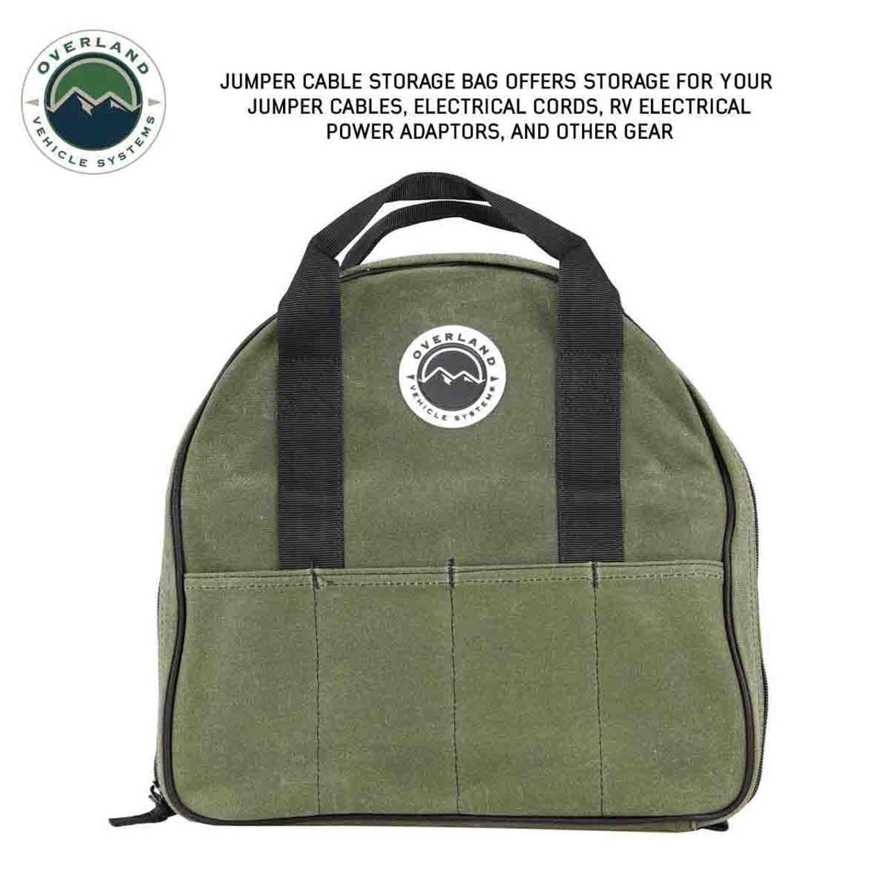 Jumper Cable Storage Bag Overland Vehicle Systems - #16 Waxed Canvas - Infused with Paraffin Wax Waterproofing - 7 Outside Tool Pockets, 3 Internal Tool Pockets, Two Heavy Duty Velcro Straps