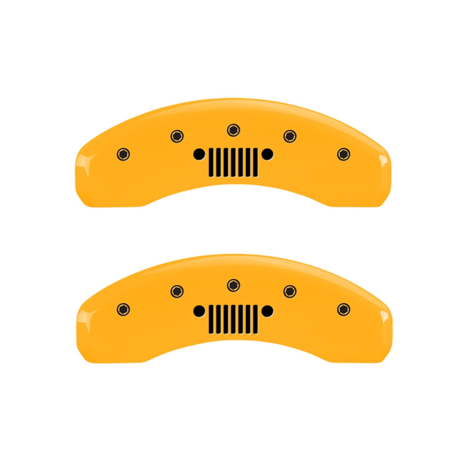 Caliper Covers MGP 42007SJPLYL Yellow (Set of 4, Engraved Front: Jeep - Engraved Rear: Jeep Grill Logo, Yellow Powder Coat Finish, Black Characters)