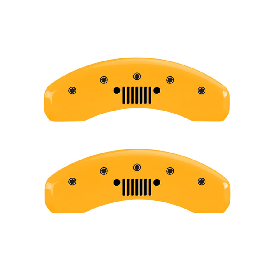 Caliper Covers MGP 42007SJPLYL Yellow (Set of 4, Engraved Front: Jeep - Engraved Rear: Jeep Grill Logo, Yellow Powder Coat Finish, Black Characters)