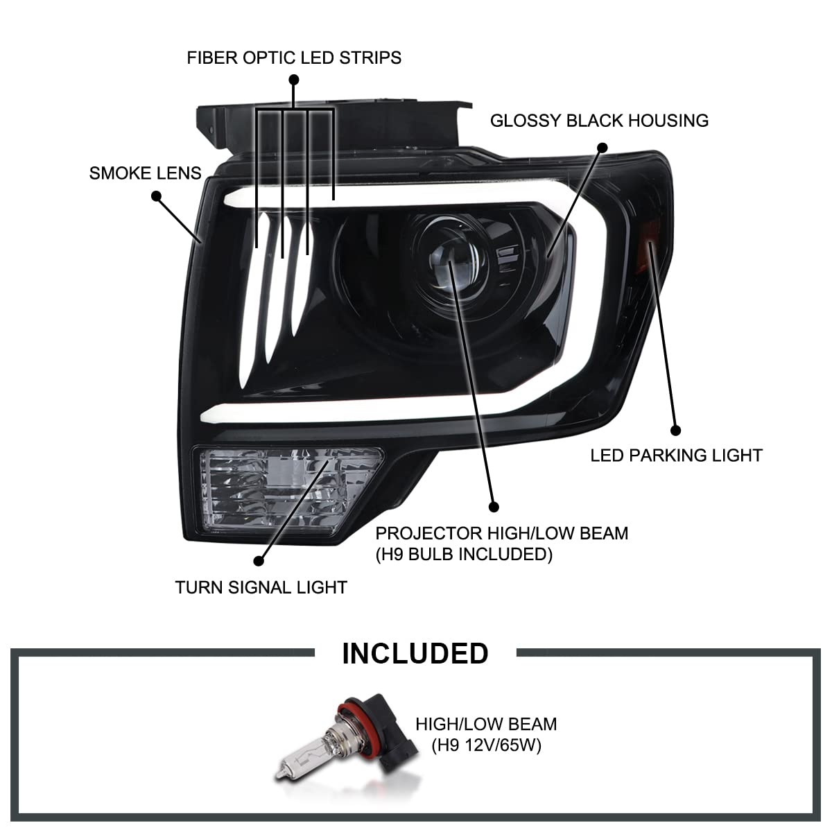 Black Smoke SPEC-D TUNING Projector Headlights w/LED Tube Compatible with 2009-2014 Ford F150, Left + Right Pair Headlamps Assembly