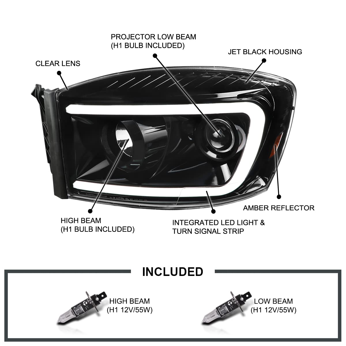 Jet Black SPEC-D TUNING Projector Headlights w/Switchback LED Light Bar Compatible with 2006-2008 Dodge Ram 1500, 2500, 3500, Left + Right Pair Headlamps Assembly