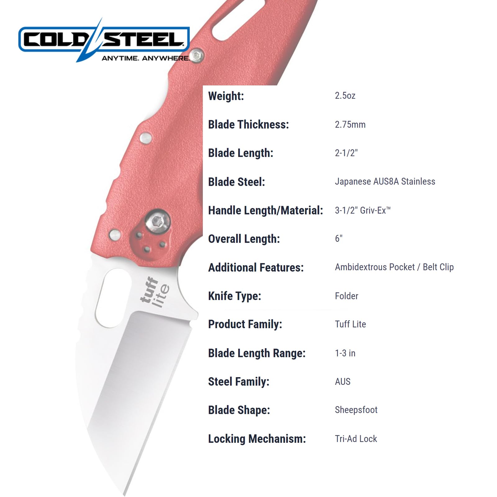 Cold Steel 2.5" Tuff Lite AUS8A Sheepsfoot Razor-Sharp Plain Blade 3.5" Griv-Ex Red Handle Pocket Folding Knife, Boxed