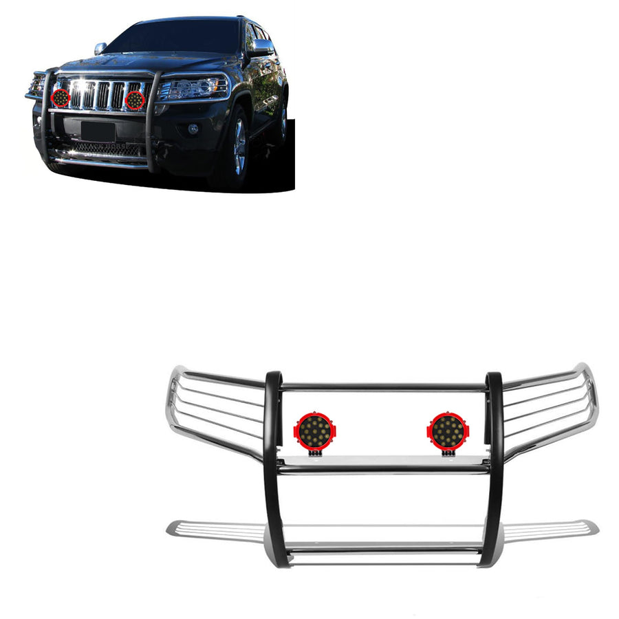Bumper Guard Modular Black Horse Grille brush Stainless Steel Come With pair of 7.0"Dia.LED Lights with Red Trim Rings Compatible with 2011-2021 Jeep Grand Cherokee-17A080202MSS-PLR