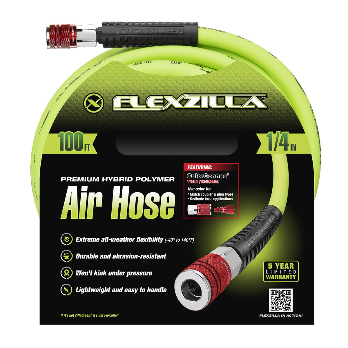 Flexzilla Air Hose HFZ14100YW2-D with ColorConnex Industrial 100 Feet | 1/4" Hose I.D. | Revolutionary Design | Lightweight and Heavy Duty | Pre-Sealed Threads