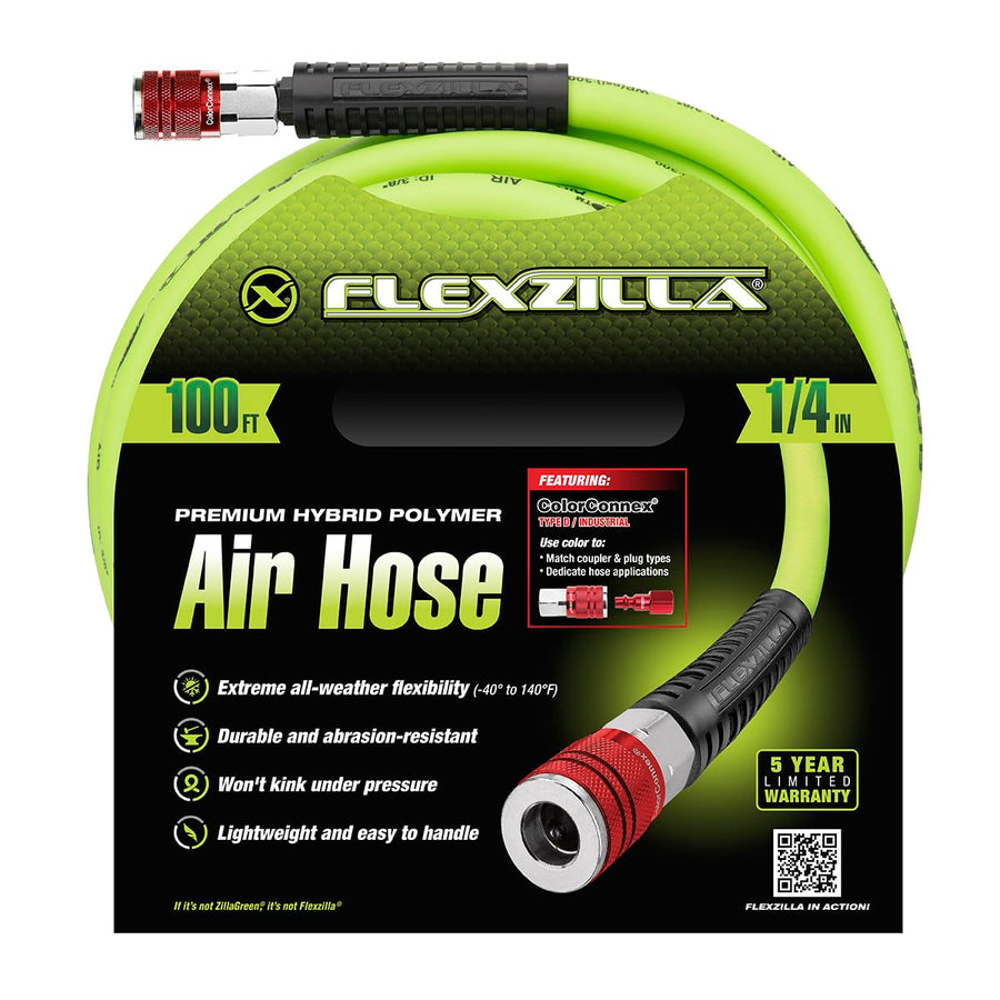 Flexzilla Air Hose HFZ14100YW2-D with ColorConnex Industrial 100 Feet | 1/4" Hose I.D. | Revolutionary Design | Lightweight and Heavy Duty | Pre-Sealed Threads