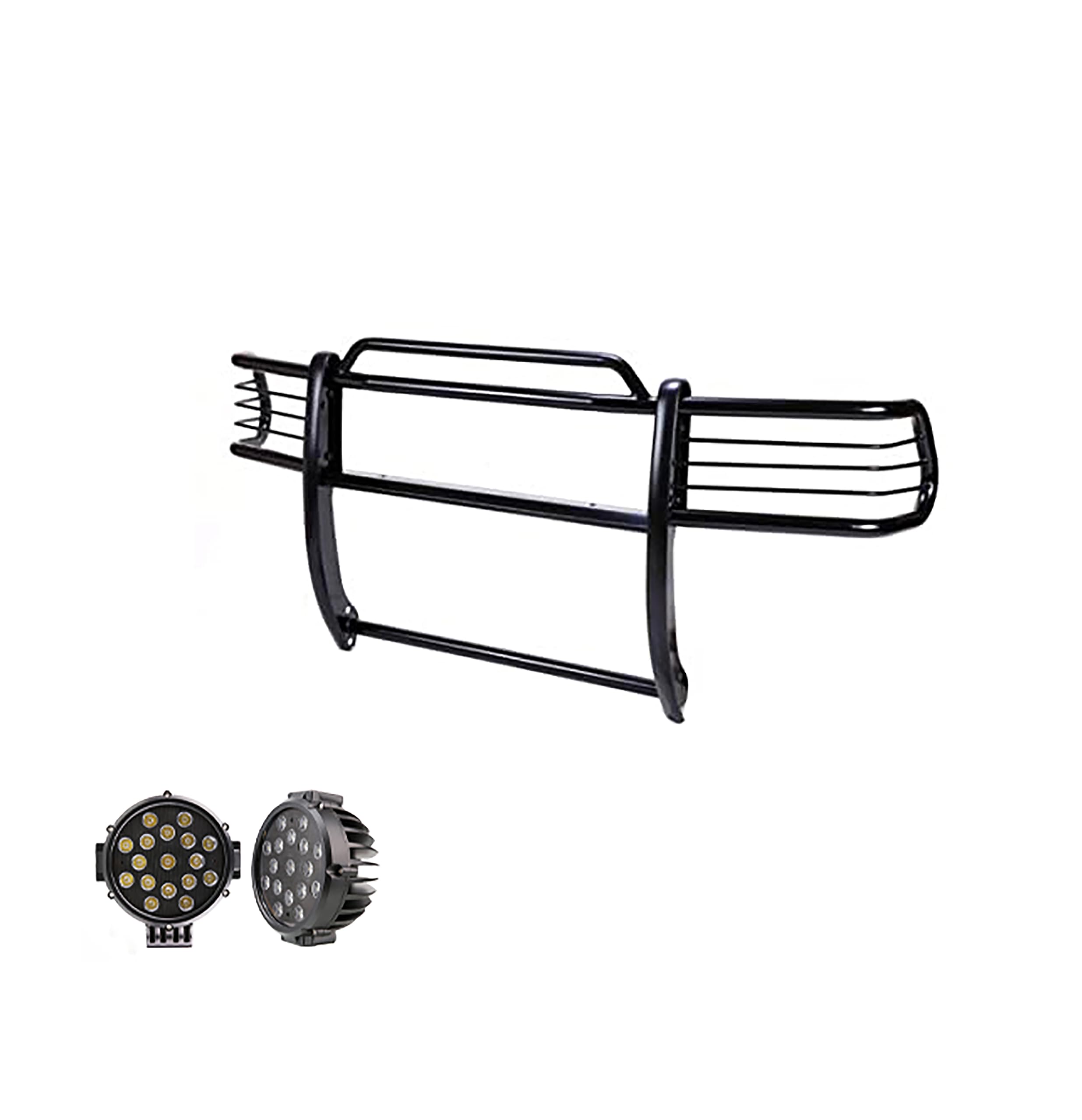 Bumper Guard Modular Black Horse Grille brush Come With pair of 7.0"Dia.LED Lights with Black Trim Rings Compatible with 2000-2004 Nissan Frontier|2000-2004 Nissan Xterra-17NI26MA-PLB