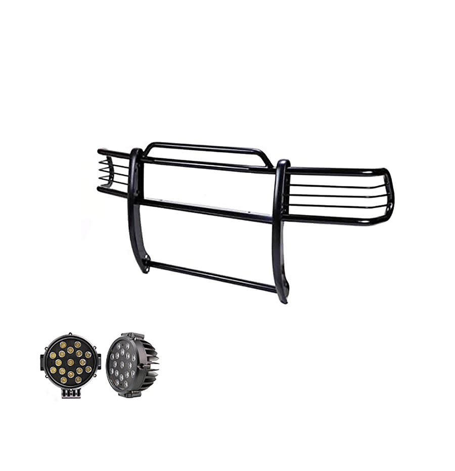 Bumper Guard Modular Black Horse Grille brush Come With pair of 7.0"Dia.LED Lights with Black Trim Rings Compatible with 2000-2004 Nissan Frontier|2000-2004 Nissan Xterra-17NI26MA-PLB
