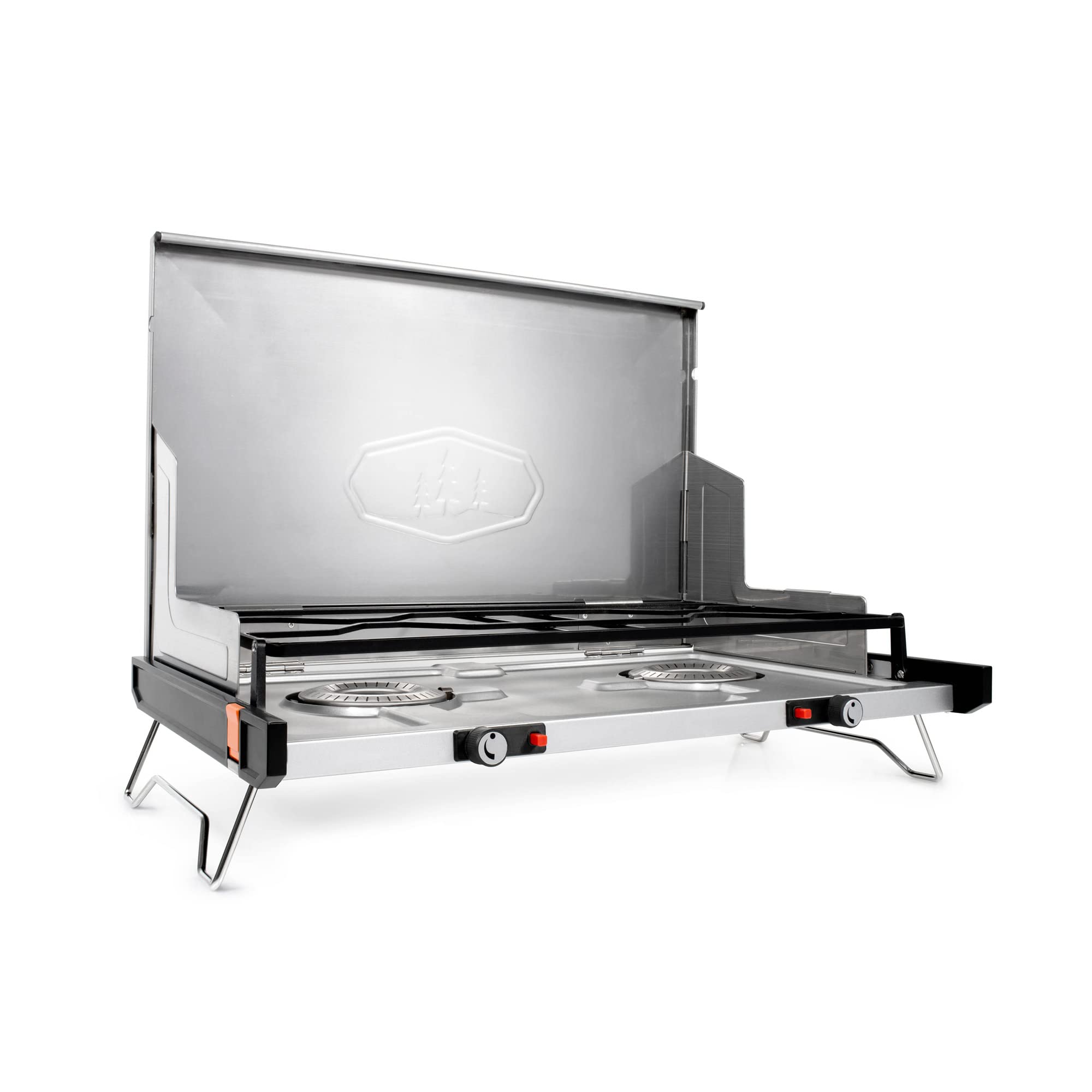 GSI Outdoors 2-Burner Pinnacle Pro Camping & Tailgating Stove, Ultra-Slim Portable Propane, 25,000 BTU, Windscreens, Folding Legs, Outdoor Cooking