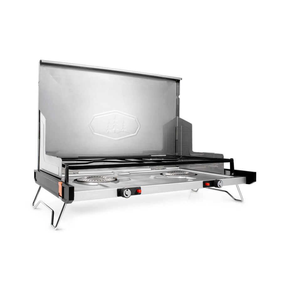 GSI Outdoors 2-Burner Pinnacle Pro Camping & Tailgating Stove, Ultra-Slim Portable Propane, 25,000 BTU, Windscreens, Folding Legs, Outdoor Cooking