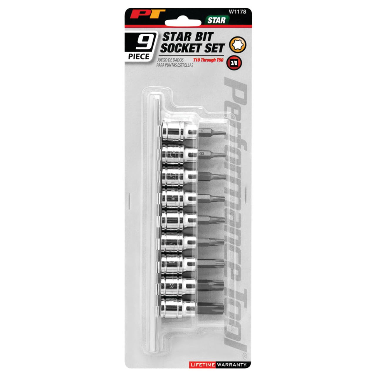 W1178 Performance Tool Professional Sand Finish Torx Bit Set with Bonus Storage Rail - Hardened Alloy Steel Bits in Sizes T10 to T50