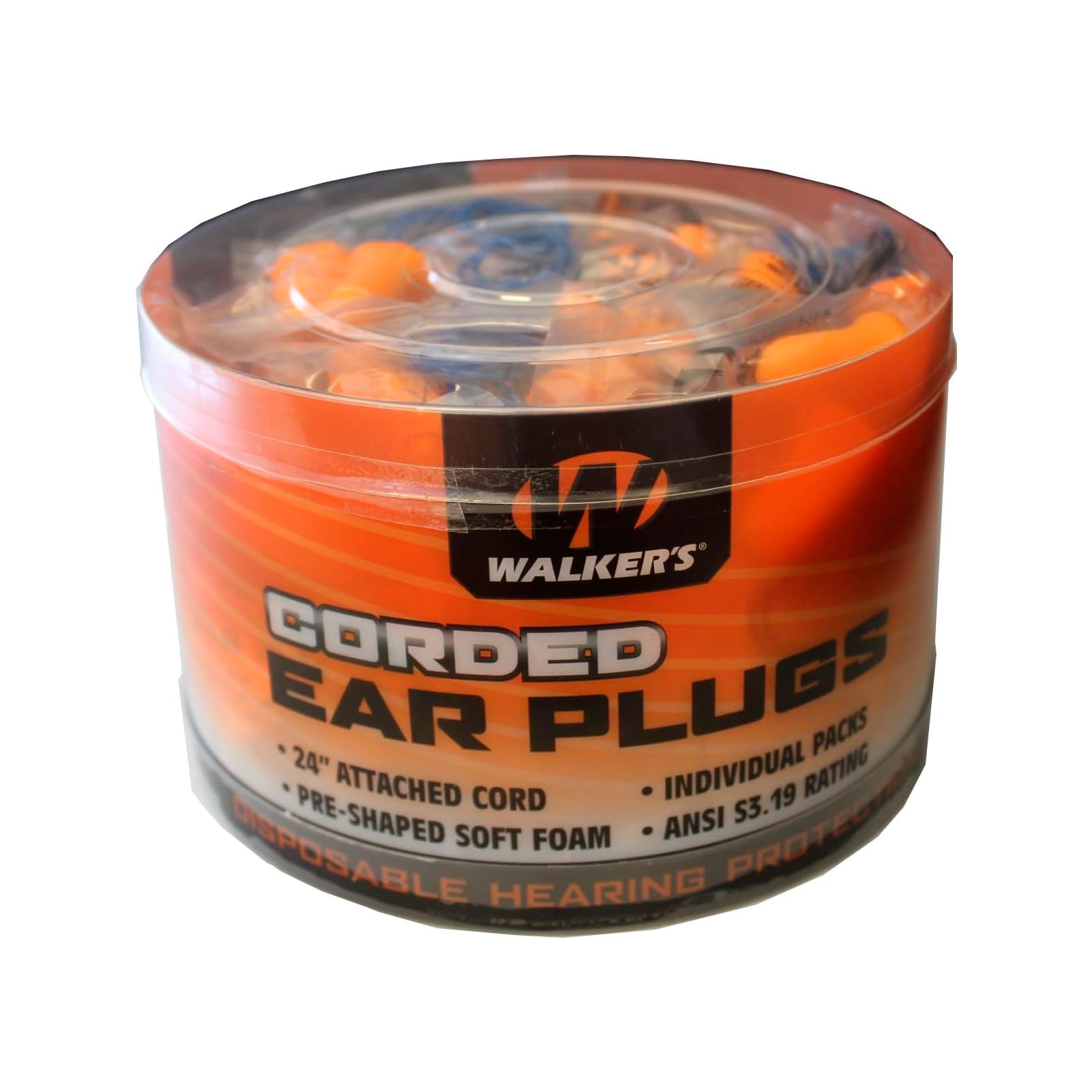 50 Pair Walker's Corded Foam Earplugs Jar Dispenser Tub 32dB NRR Noise-Blocking ANSI S3.19 Hearing Protection Shooting Hunting Work Soft Comfortable 24" PVC Cord