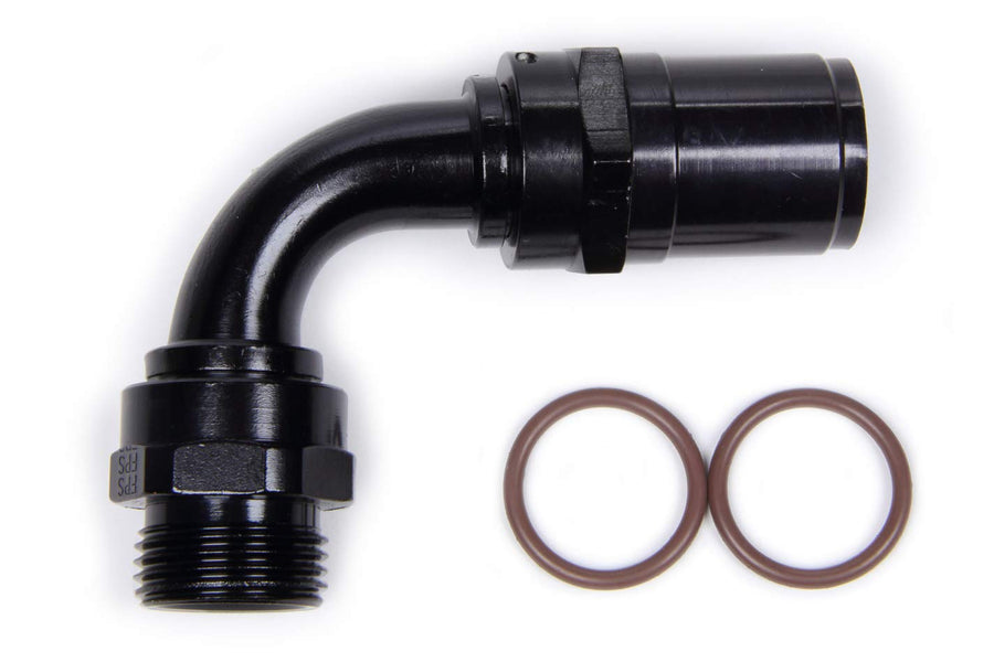 Fragola Fitting, 90 Degree Hose End, Race-Rite, Crimp-On, 12 AN Hose Crimp to 1-1/16-12 in Male O-Ring, Aluminum, Black Anodize, Each