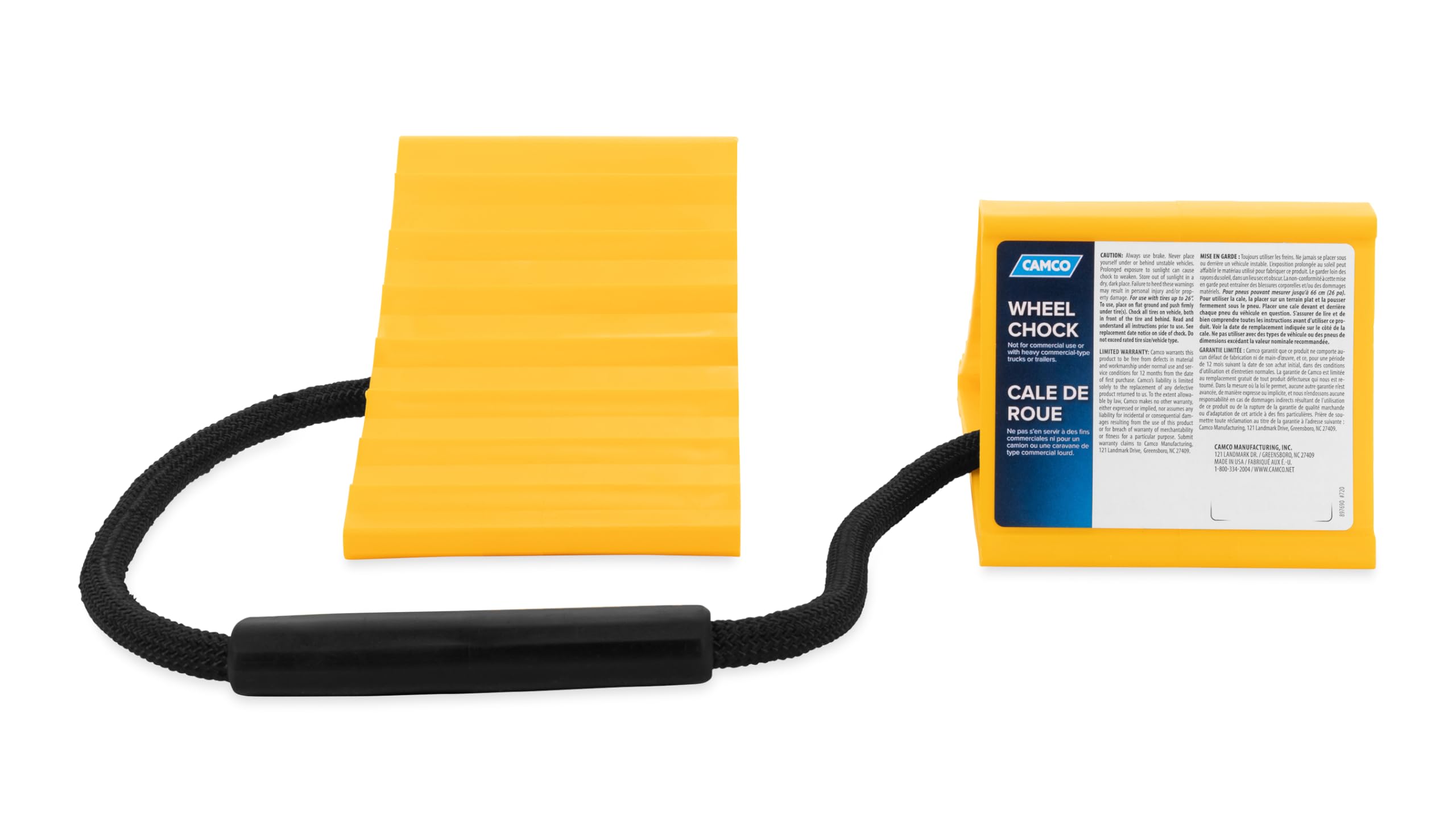 Dual Camco RV Wheel Chock w/Rope - Heavy Duty Trailer Wheel Chock Constructed of Durable Plastic w/UV inhibitors - Features Rope Handle for Easy Removal - Use w/Tires Up to 26-in – 44470