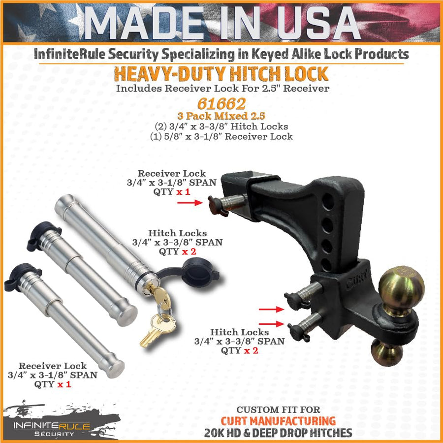 3 Pack Mixed 2.5, Keyed Alike, Hitch Locks for 2" Deep Drop Adjustable CURT Trailer Ball Mount 15K LB Hitch - Includes Lock for 2.5" Receiver