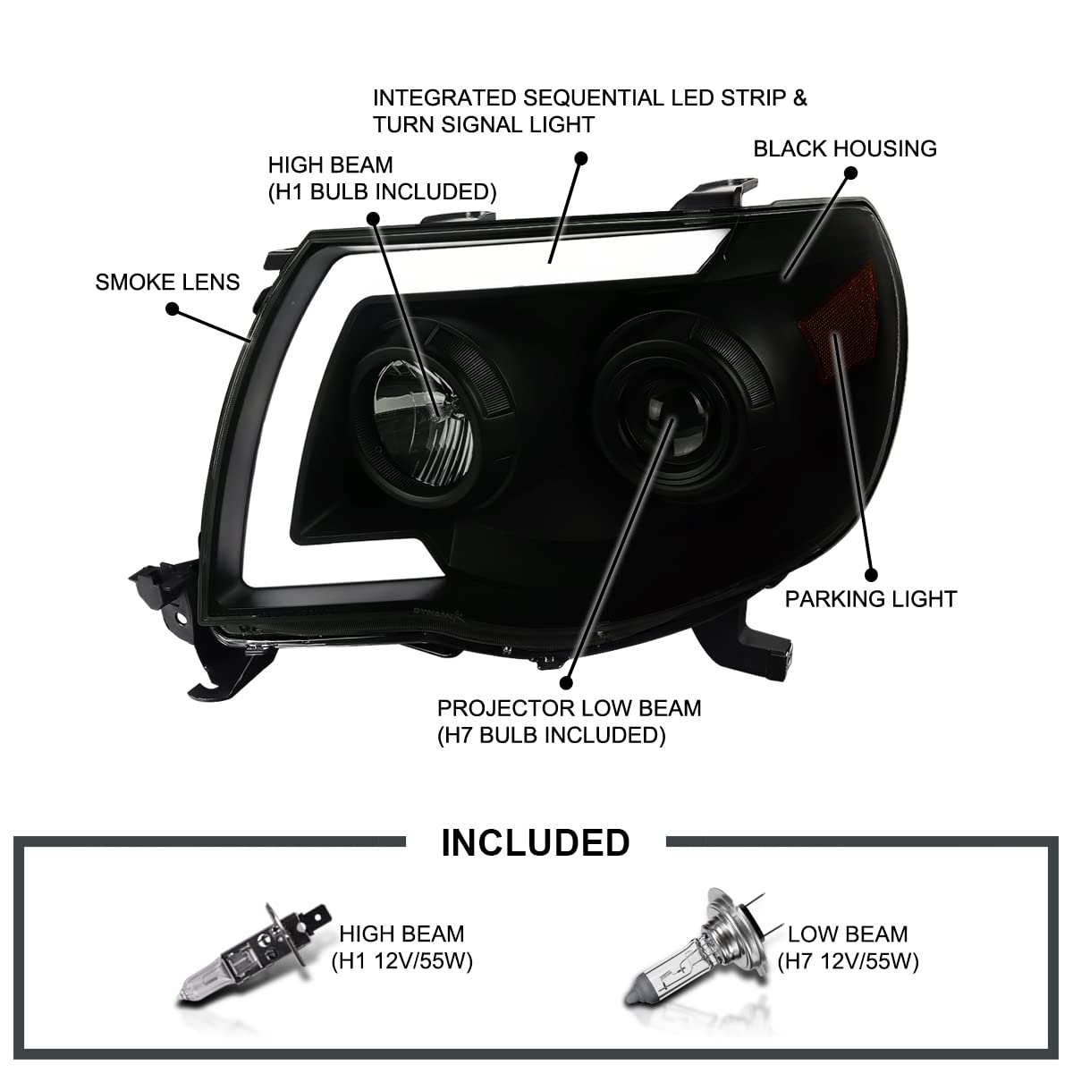 Black Smoke SPEC-D TUNING Projector Headlights w/LED Sequential and Switchback Turn Signal Compatible with 2005-2011 Toyota Tacoma, Left + Right Pair Headlamps Assembly