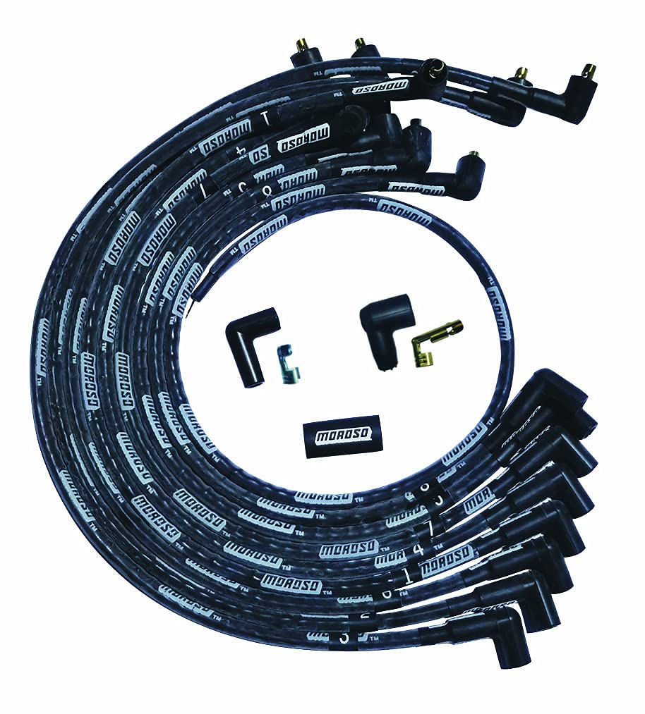 Moroso Ultra Series Sleeved Black Spark Plug Wires, Small Block Chevy, 90 Degree Plug Ends, Over Valve Cover Routing, Non HEI Distributor