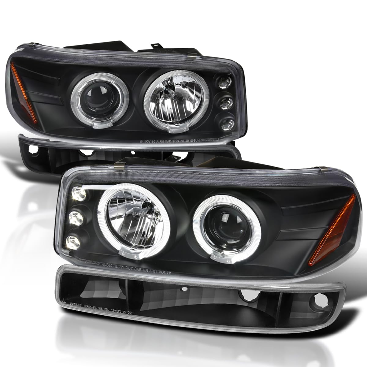 Spec-D Tuning Clear Lens Black Housing LED Halo Projector Headlights + Bumper Lights Compatible with 1999-2006 GMC Sierra 1500/2500/3500, Left + Right Pair Headlamps Assembly