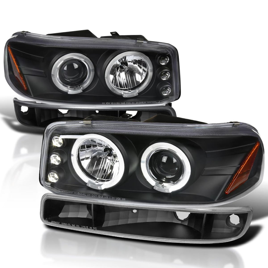 Spec-D Tuning Clear Lens Black Housing LED Halo Projector Headlights + Bumper Lights Compatible with 1999-2006 GMC Sierra 1500/2500/3500, Left + Right Pair Headlamps Assembly