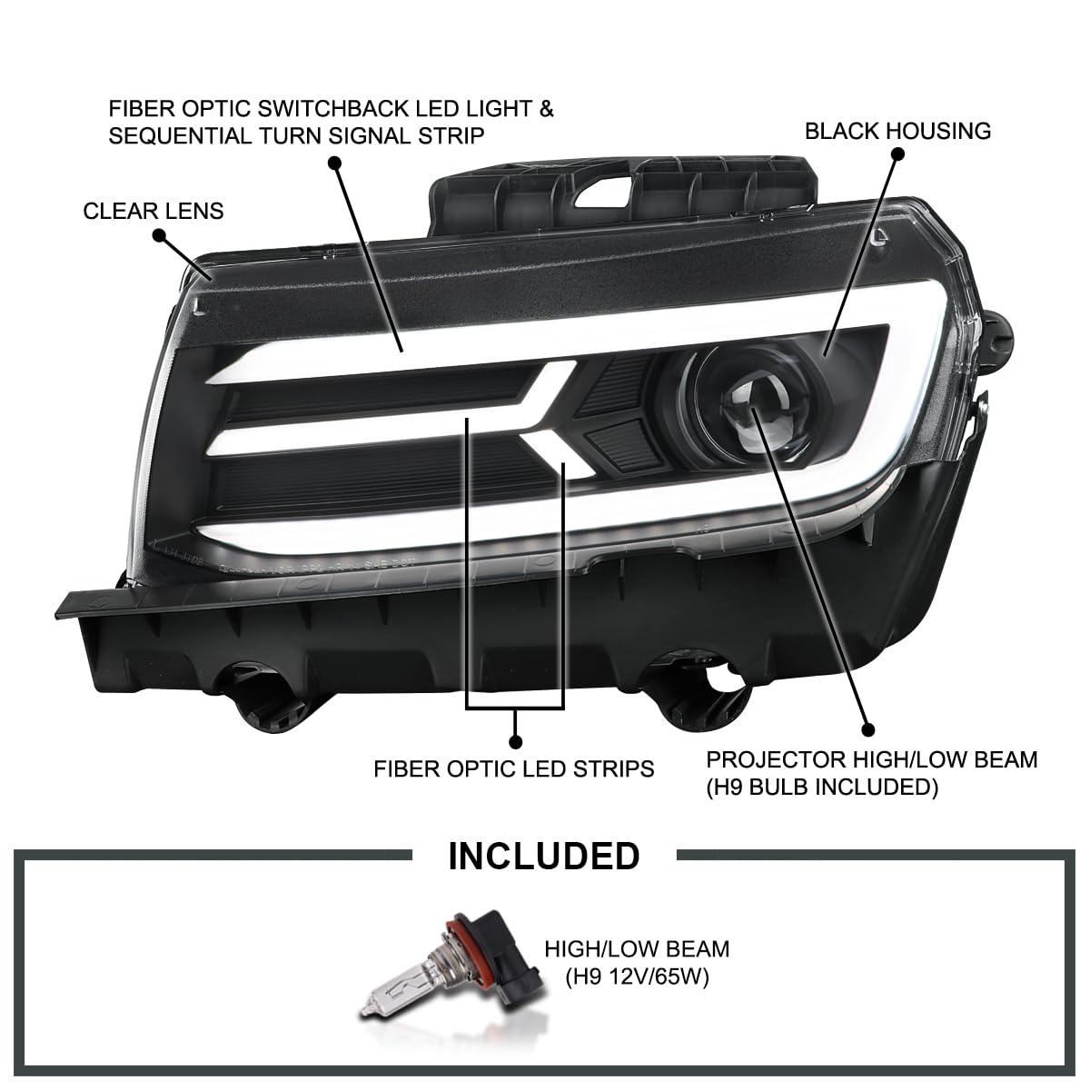 Black Projector Headlights SPEC-D TUNING w/Switchback and Sequential Turn Signals Compatible with 2014-2015 Chevy Camaro, Left + Right Pair Headlamps Assembly