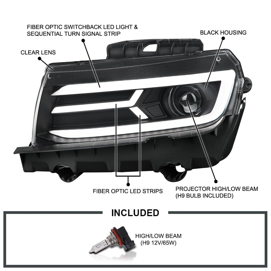Black Projector Headlights SPEC-D TUNING w/Switchback and Sequential Turn Signals Compatible with 2014-2015 Chevy Camaro, Left + Right Pair Headlamps Assembly