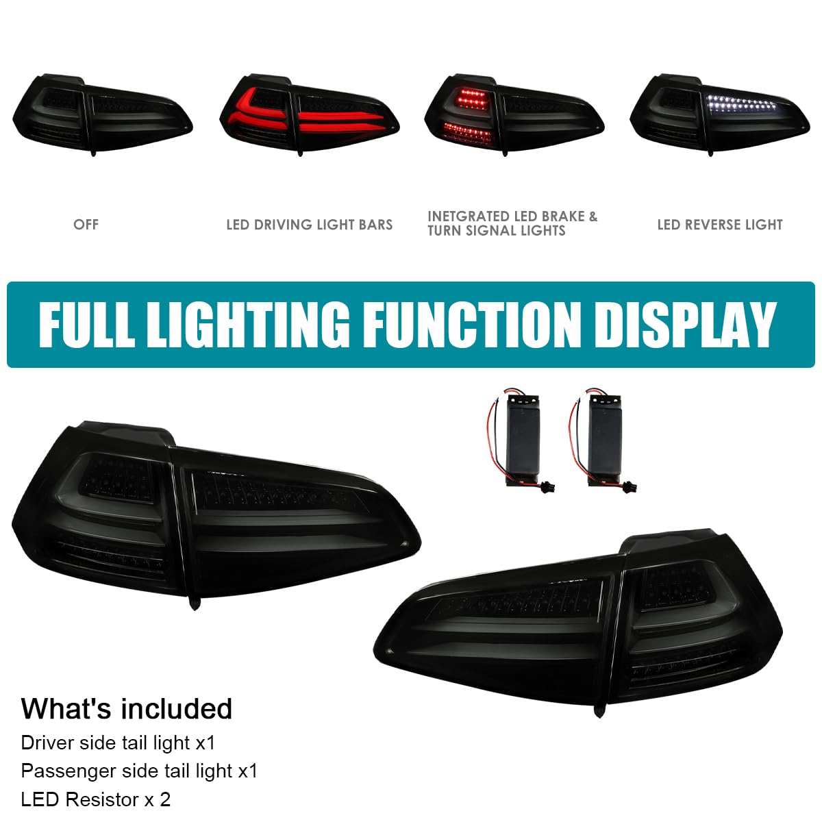 LED Tail Lights SPEC-D TUNING Glossy Black Compatible with 2015-2017 Volkswagen Golf GTI Models, Left + Right Pair Assembly