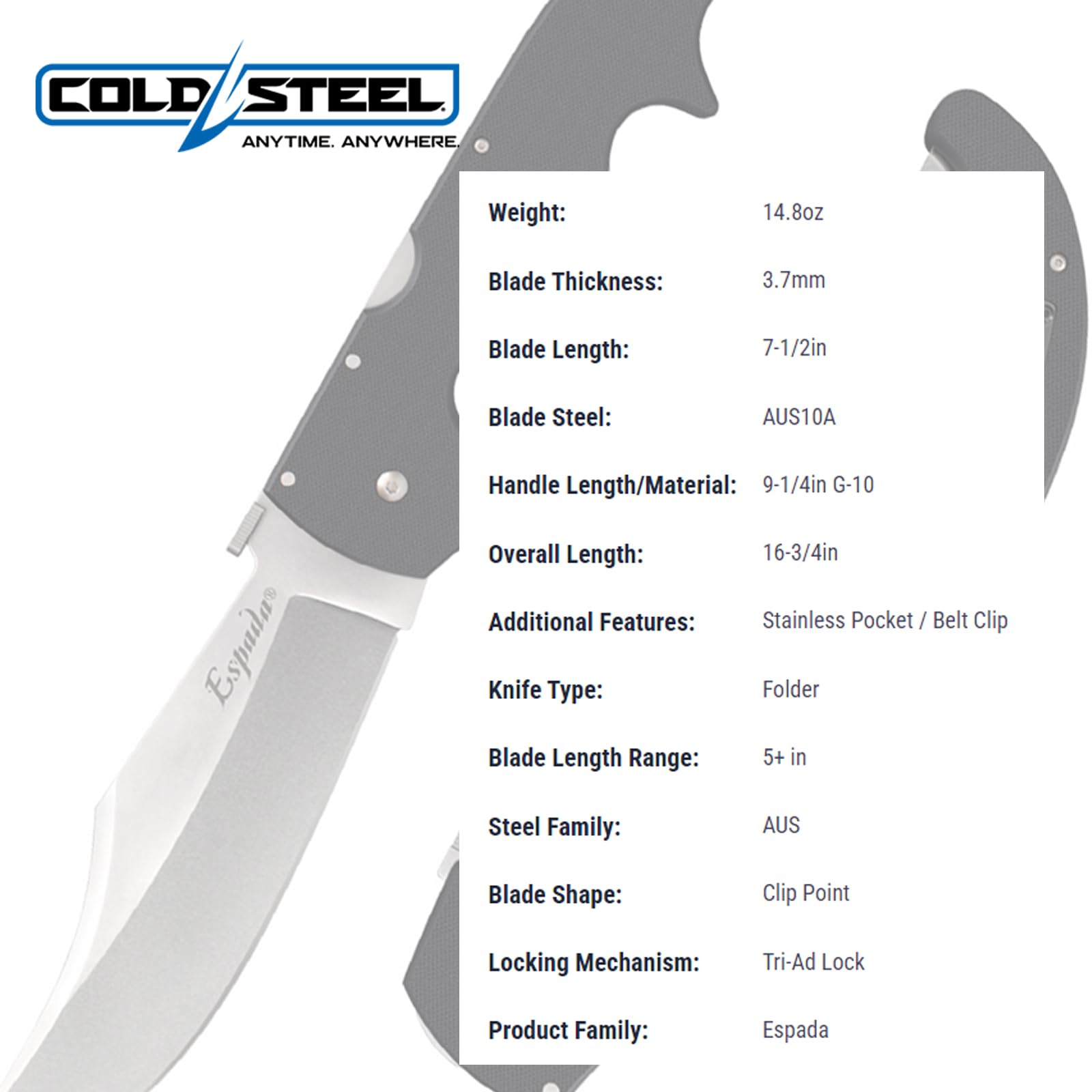 G-10 Cold Steel Folding Knife, X-Large Espada, 7 1/2" stonewashed Blade, Ambidextrous Stainless Pocket/Belt Clip
