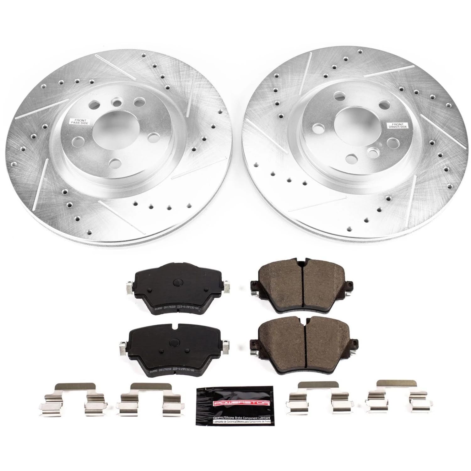 Power Stop K7888 Z23 Carbon Fiber Brake Pads with Drilled & Slotted Brake Rotors Kit and 1 Front Sensor Wire For BMW X1, BMW X2, Mini Cooper Countryman [Model Specific]