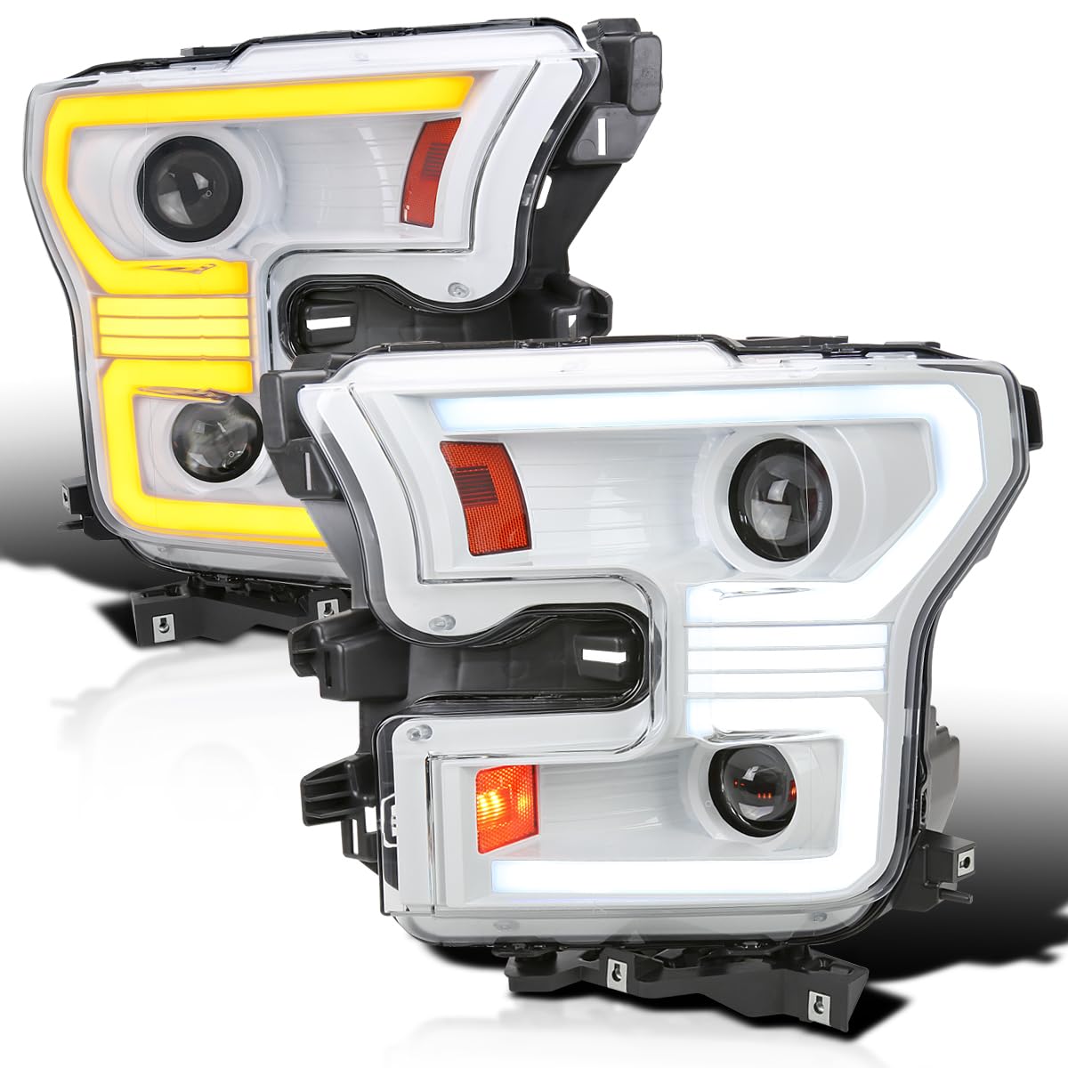 Dual Projector Headlights w/Switchback Sequential LED Tube Signal SPEC-D TUNING Arctic White Compatible with 2015-2017 Ford F150 Left + Right Pair Headlamps Assembly
