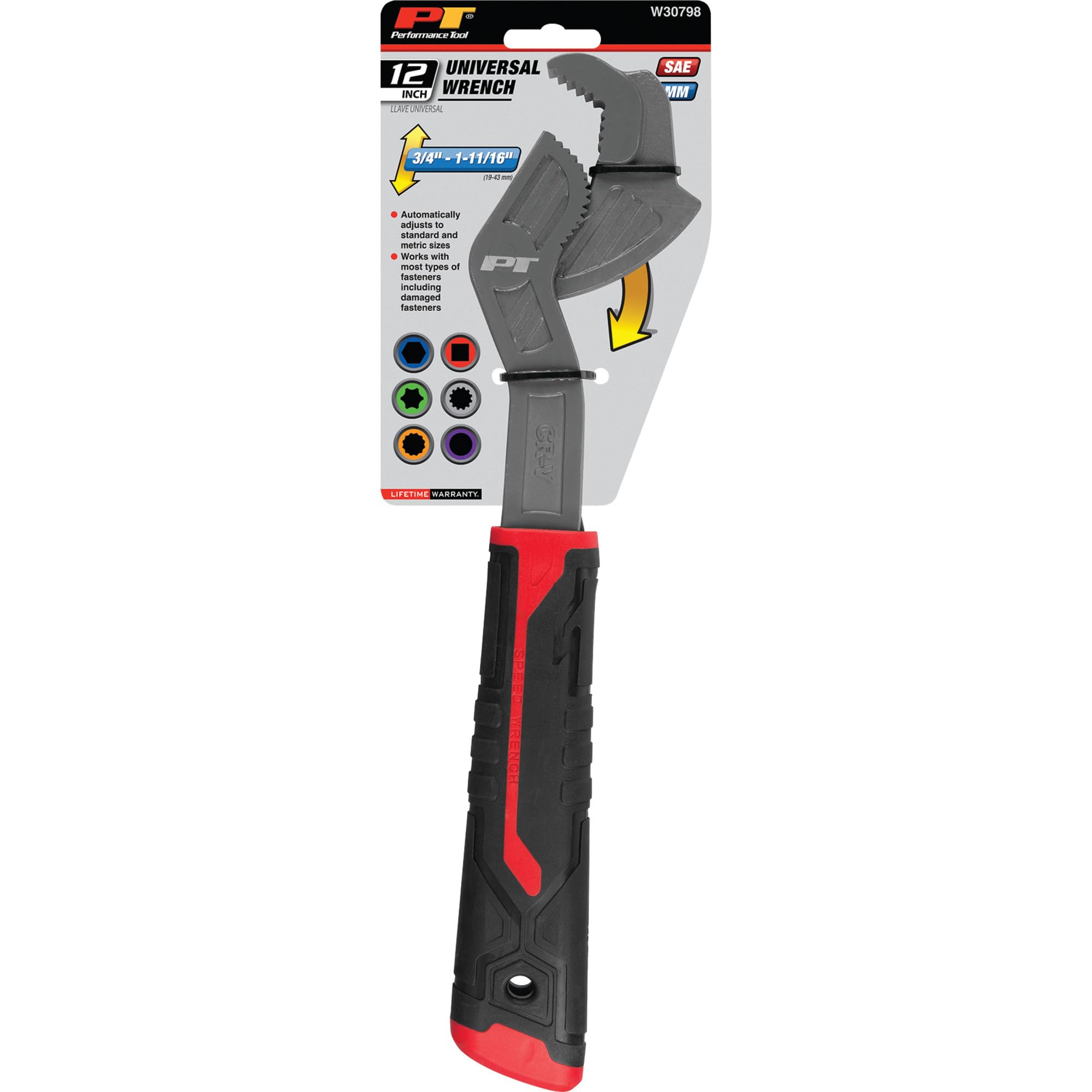 12 In. Performance Tool W30798 Universal Wrench, Drop-Forged Chrome Vanadium, Ratcheting Action, Spring-Loaded, TPR Handle