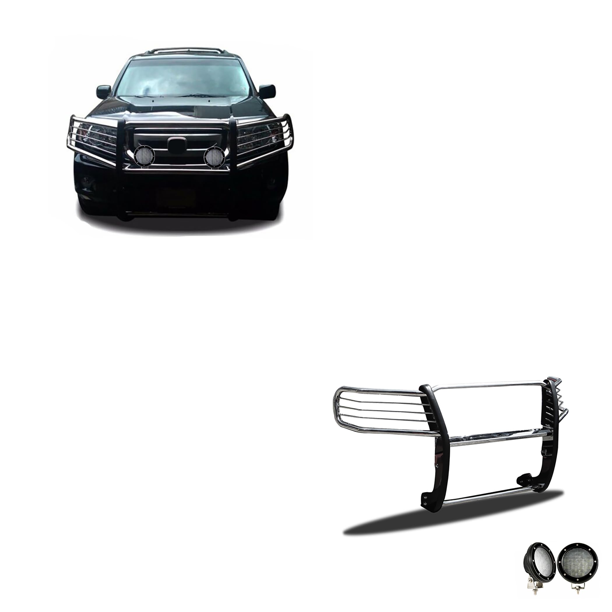 Bumper Guard Black Horse Grille brush Modular Stainless Steel Come with Pair of 5.3" Dia.LED Lights with Black Trim Rings Compatible with 2016-2022 Honda Pilot-17H151402MSS-PLFB