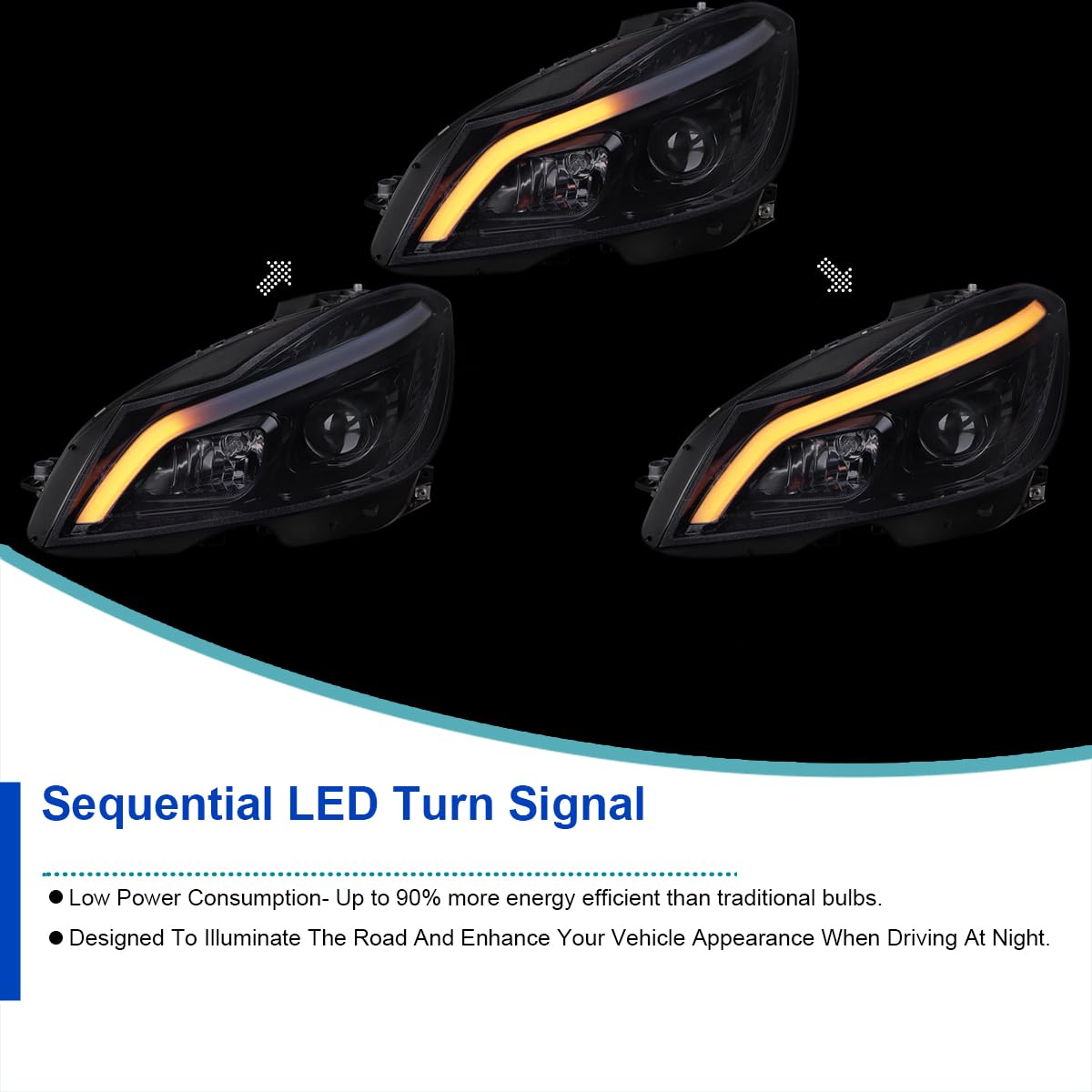 Black Smoke SPEC-D TUNING Switchback Sequential LED Tube Projector Headlights Compatible with 2012-2014 Mercedes-Benz W204 C-Class C250 C300 C350 C63, Left + Right Pair Headlamps Assembly