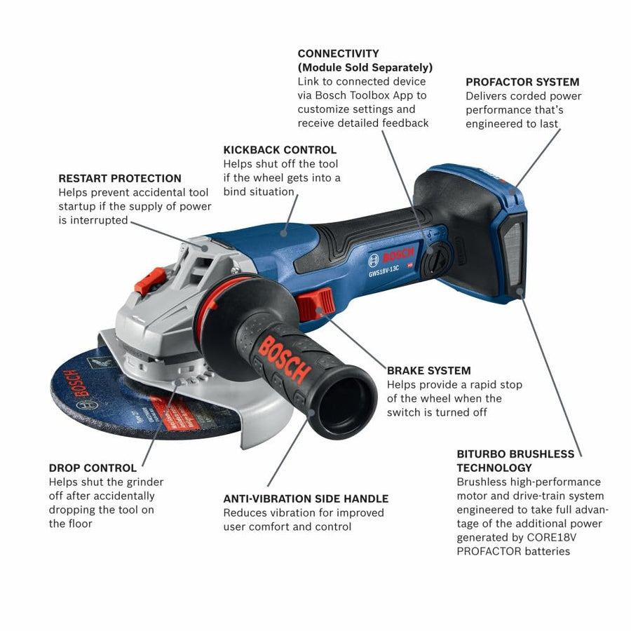 Bosch GWS18V-13CN 18V PROFACTOR™ Connected-Ready 5 – 6 In. Angle Grinder with Slide Switch (Bare Tool)