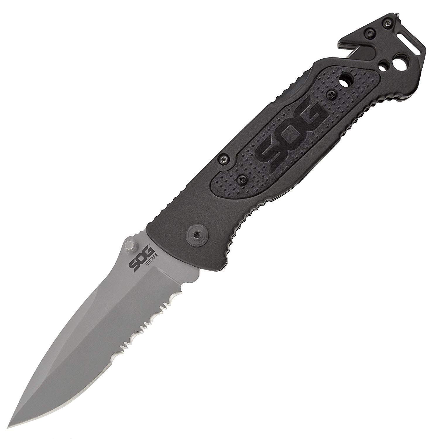 SOG Tactical Escape Folding Pocket Knife- 3.4 Inch Serrated Edge Blade Knife w/ Glass Breaker, Wire Stripper and Line Cutter Blades-Satin (FF25-CP),Black