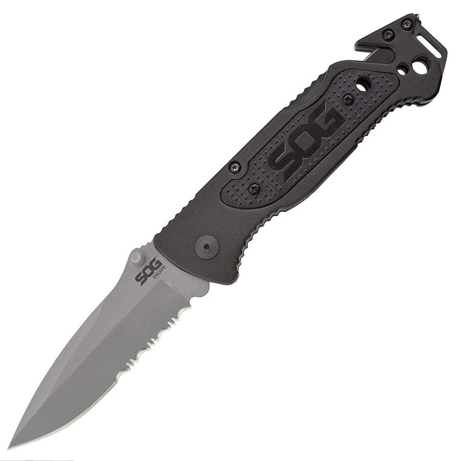 SOG Tactical Escape Folding Pocket Knife- 3.4 Inch Serrated Edge Blade Knife w/ Glass Breaker, Wire Stripper and Line Cutter Blades-Satin (FF25-CP),Black
