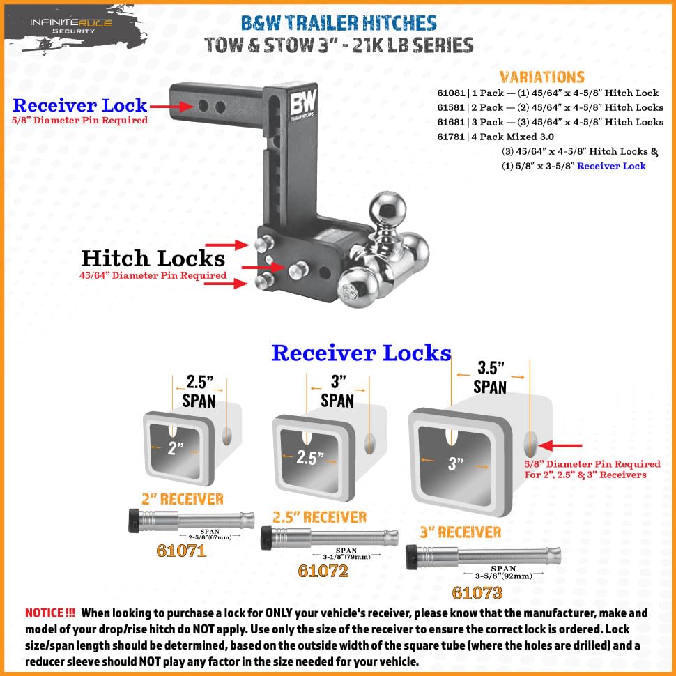 3 Pack, Keyed Alike, Hitch Locks for B&W 21K LB Tow and Stow 3" Hitch - Fits Adjustable Ball Mount Only - Does NOT FIT Vehicle Receiver