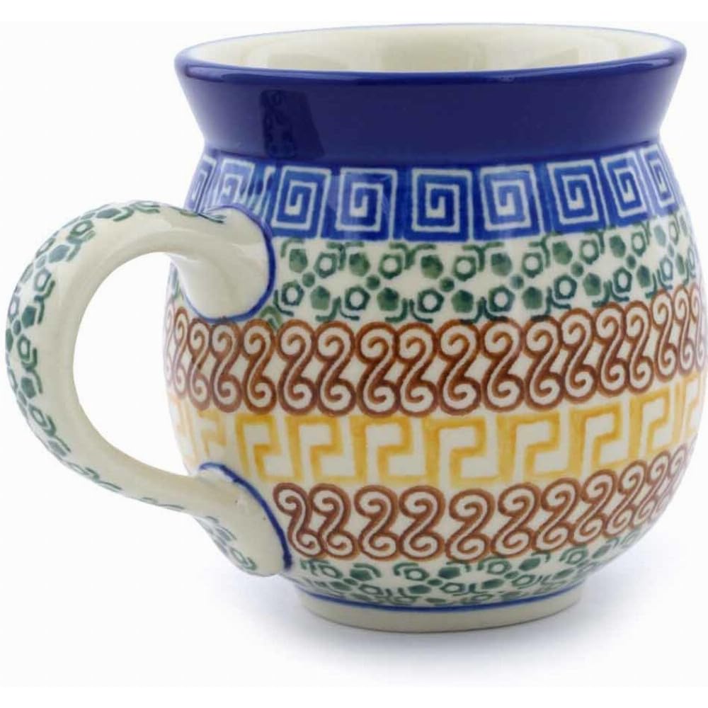 Polmedia Polish Pottery 12 oz Bubble Mug - Grecian Sea Pattern Handmade in Boleslawiec Poland by Ceramika Artystyczna + Certificate of Authenticity