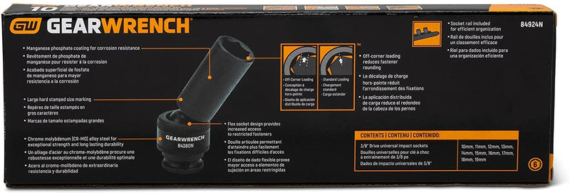 10 Pc. GEARWRENCH 3/8 Inch Drive 6 Pt. Deep Universal Impact Socket Set, Metric - 84924N