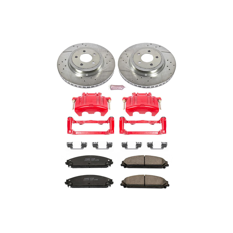 PowerStop Brake Kit Front with Calipers for 2009-2011 Dodge Challenger, 2006-2011 Charger, 2005-2008 Magnum, 2005-2001 Chrysler 300, Drilled + Slotted Rotors, KC2560