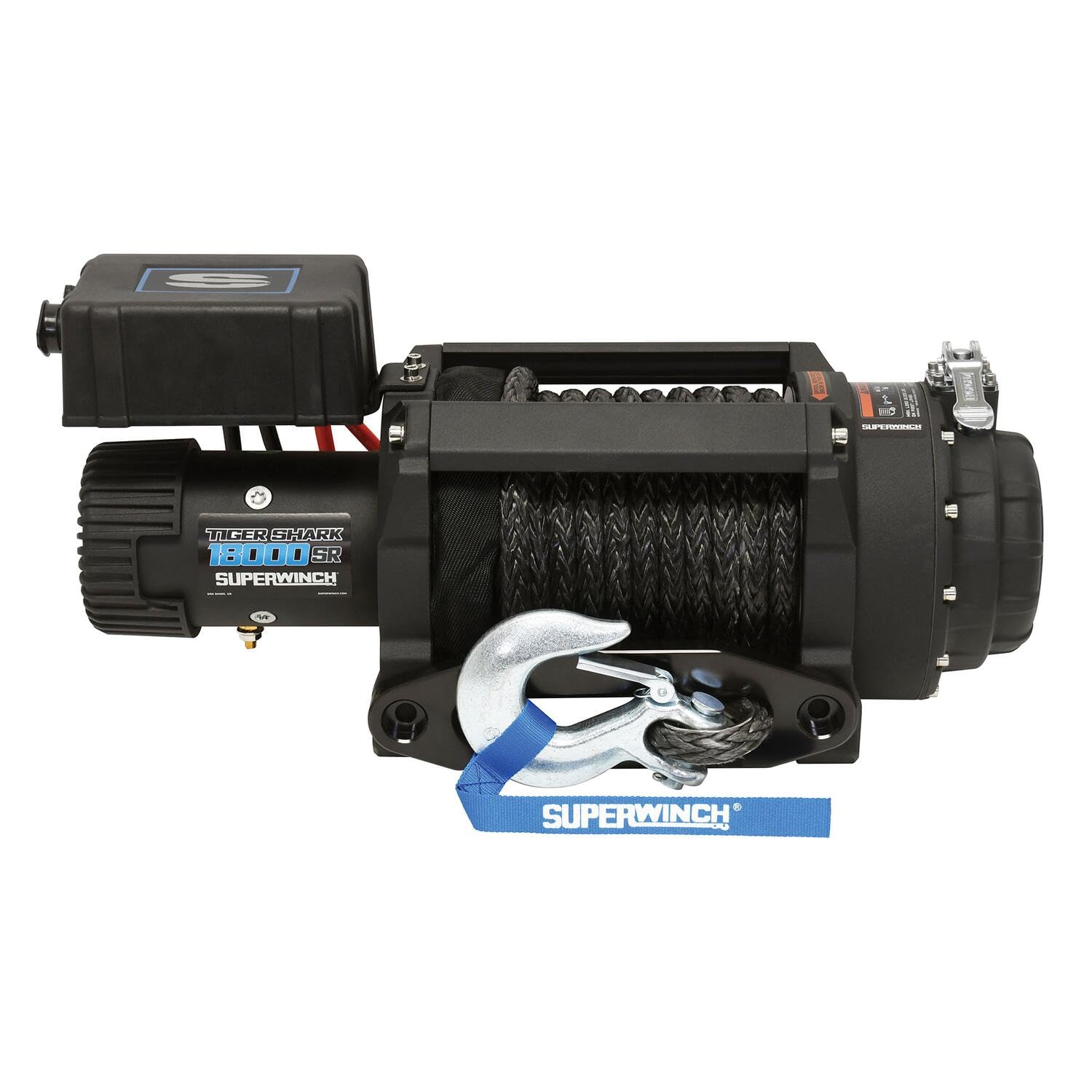 Tiger Shark SUPERWINCH 1518001 12V DC Winch 18,000lb/8165kg Single Line Pull with Hawse Fairlead, 33/64" x 80' Synthetic Rope, Corded Handheld Remote