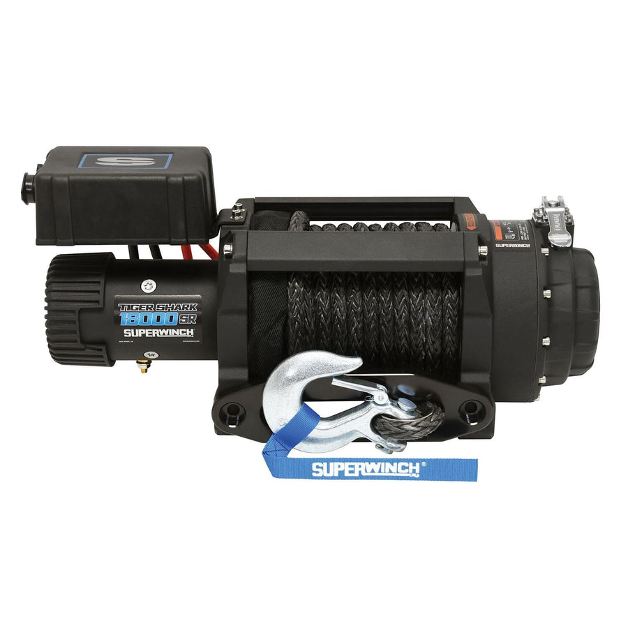 Tiger Shark SUPERWINCH 1518001 12V DC Winch 18,000lb/8165kg Single Line Pull with Hawse Fairlead, 33/64" x 80' Synthetic Rope, Corded Handheld Remote