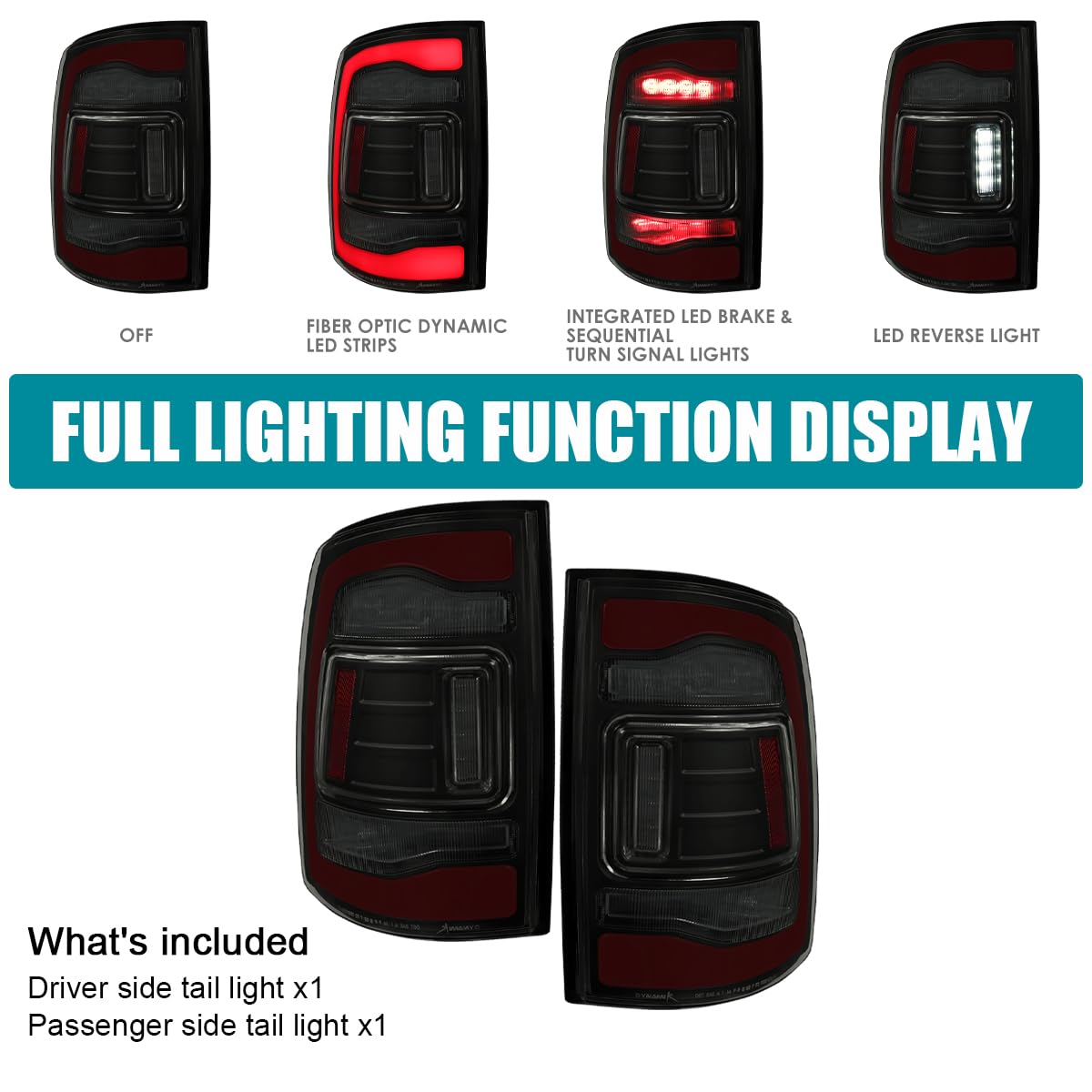 Black Smoke SPEC-D TUNING Sequential Tail Lights w/Red LED Strip and Startup Animation Compatible with 2013-2018 Ram 1500 2500 3500, Left + Right Pair Assembly
