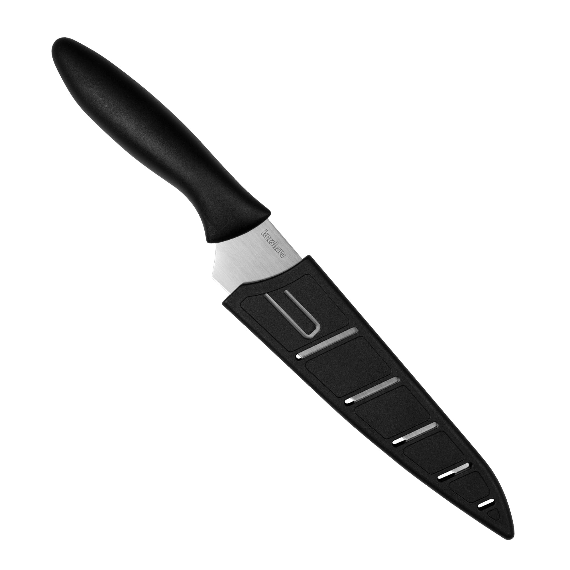 Kershaw 6” Kitchen Utility Knife, Black and Gray Design, 6 Inch Stainless Steel Utility Plain Edge Blade, Included Sheath, Paring Knife for Meat, Fruit, Vegetables and More