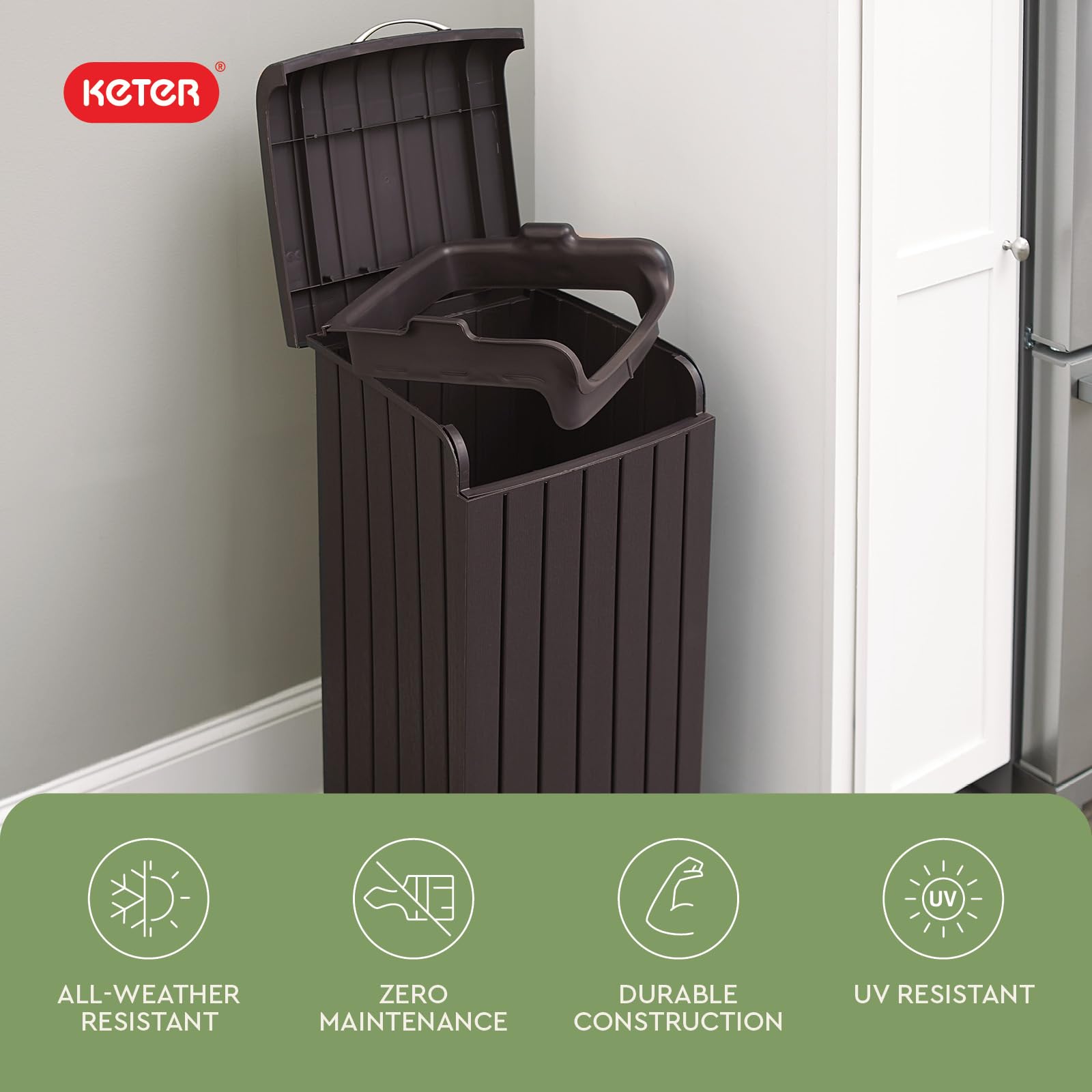 Keter 32 Gallon Copenhagen Resin Large Trash Can with Lid for Patio and Outdoor Kitchen, Brown