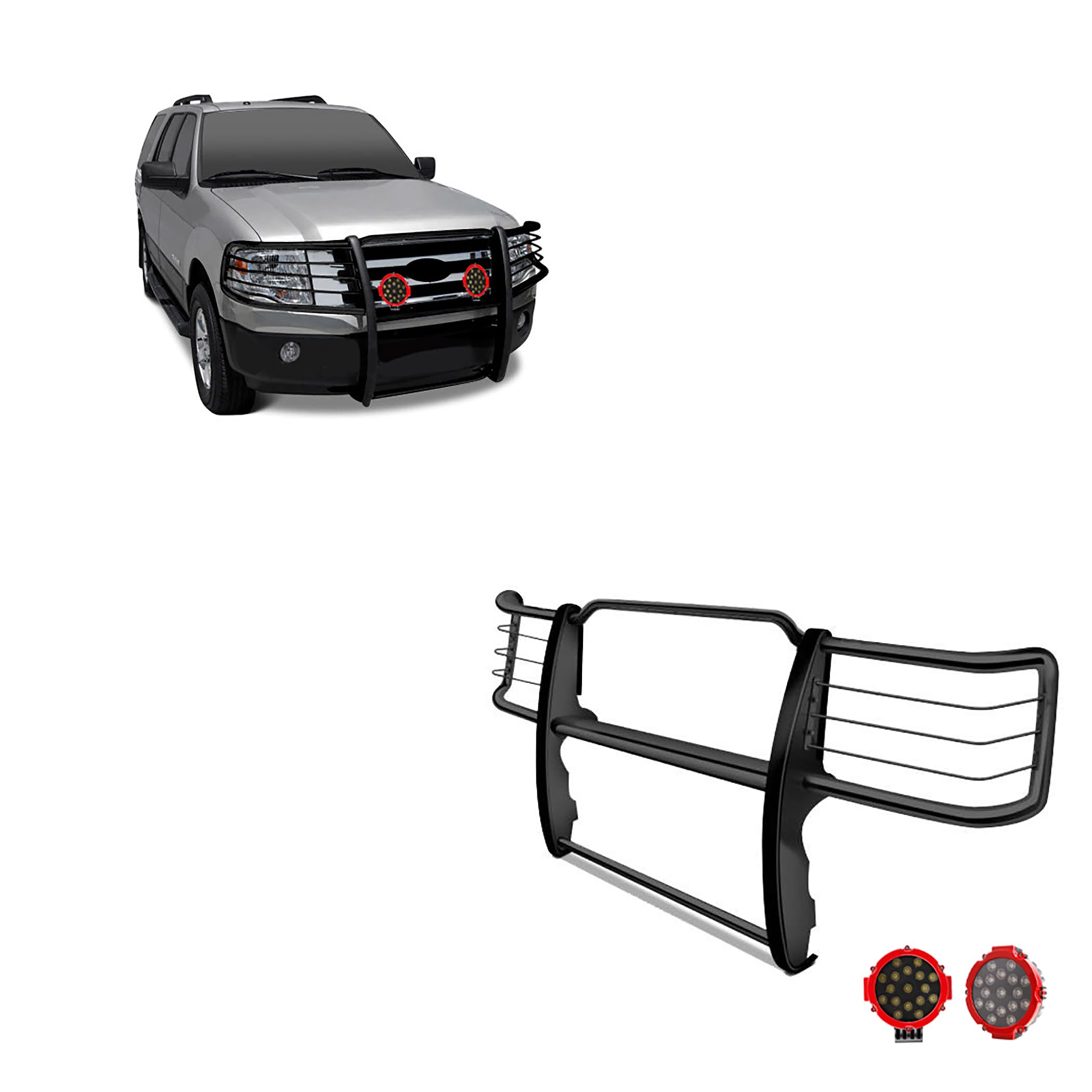 Grille Brush Black Horse Bumper Guard Modular Black Come with Pair of 7.0" Dia.LED Lights with Red Trim Rings Compatible with 1995-2001 Ford Explorer|1997-2001 Mercury Mountaineer-17F80218MA-PLR