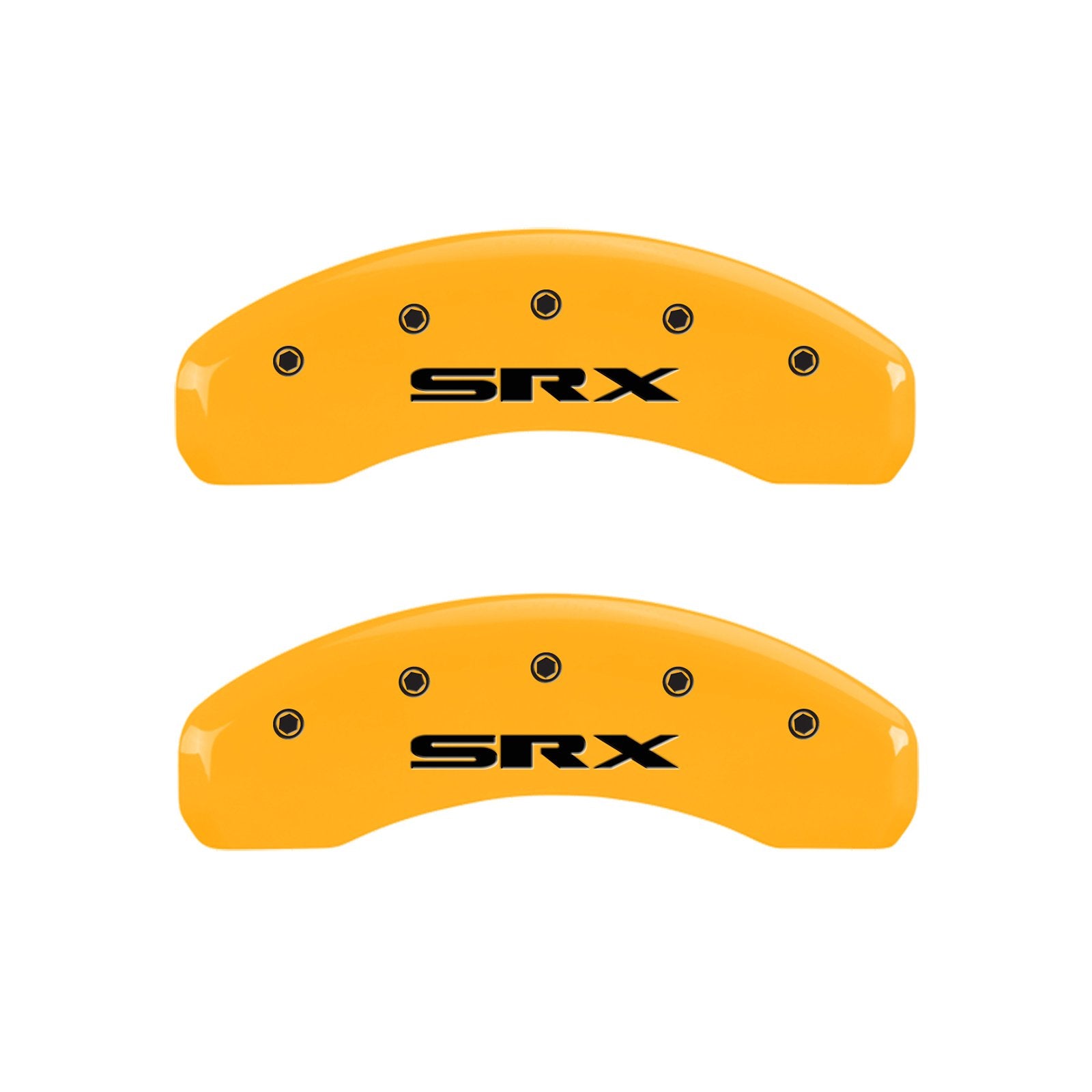 Caliper Covers MGP 35004SSRXYL Yellow (Set of 4, Engraved Front: Cursive/Cadillac - Engraved Rear: SRX, Yellow powder coat finish, black characters)