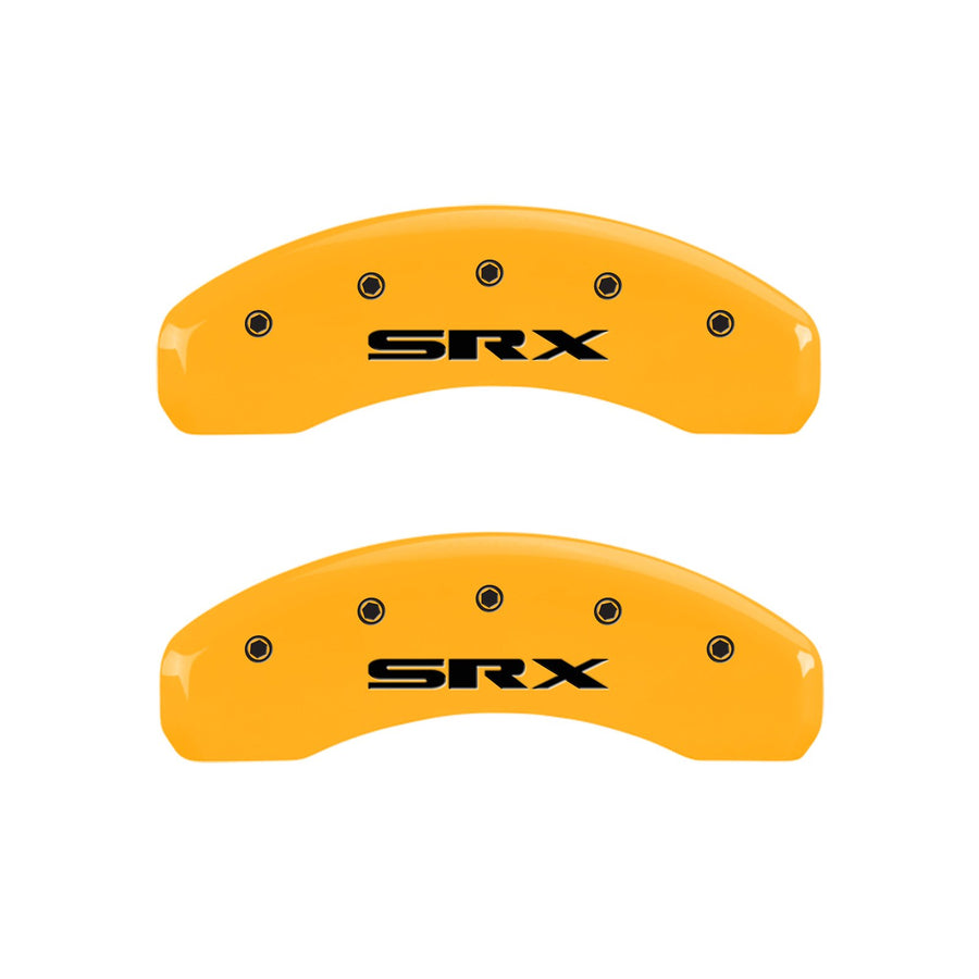 Caliper Covers MGP 35004SSRXYL Yellow (Set of 4, Engraved Front: Cursive/Cadillac - Engraved Rear: SRX, Yellow powder coat finish, black characters)